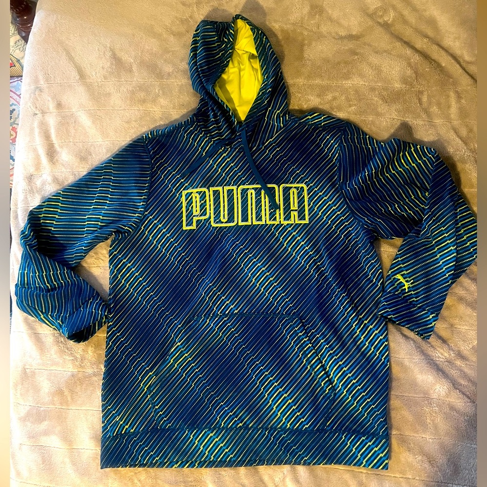 PUMA Men’s Long Sleeve Pullover Hoodie Blue And Lime Size XL